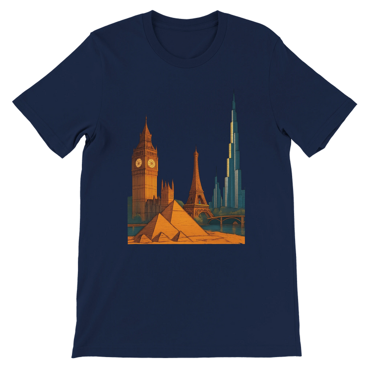 Navy City Landmarks Animated T Shirt with colorful animated illustrations of the most famous landmarks around the world. Perfect travel inspired cotton tee for architecture lovers cultural travelers and modern streetwear style. Breathable fabric with premium direct to garment print quality.