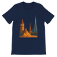 Navy City Landmarks Animated T Shirt with colorful animated illustrations of the most famous landmarks around the world. Perfect travel inspired cotton tee for architecture lovers cultural travelers and modern streetwear style. Breathable fabric with premium direct to garment print quality.