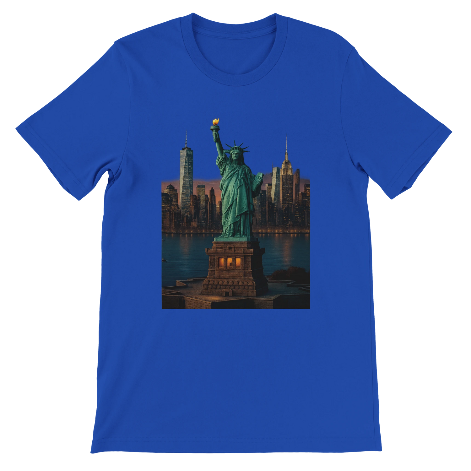 True royal blue Statue of Liberty animated landmark t-shirt featuring bold New York City design in artistic animated style. Soft cotton tee for casual streetwear and world traveler fashion.