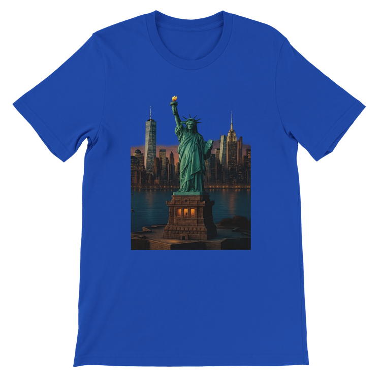 True royal blue Statue of Liberty animated landmark t-shirt featuring bold New York City design in artistic animated style. Soft cotton tee for casual streetwear and world traveler fashion.