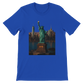 True royal blue Statue of Liberty animated landmark t-shirt featuring bold New York City design in artistic animated style. Soft cotton tee for casual streetwear and world traveler fashion.
