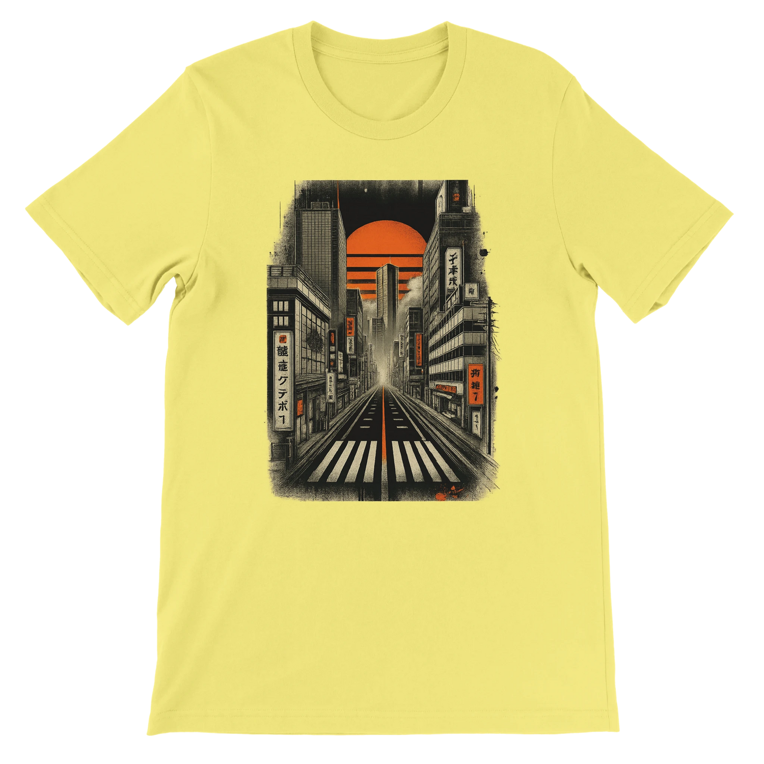 Yellow Tokyo Nights animated graphic tee with bold neon Tokyo skyline artwork stylish unisex cotton shirt high quality DTG printed Japanese streetwear fashion statement ideal for travel lovers anime culture and city nightscape enthusiasts