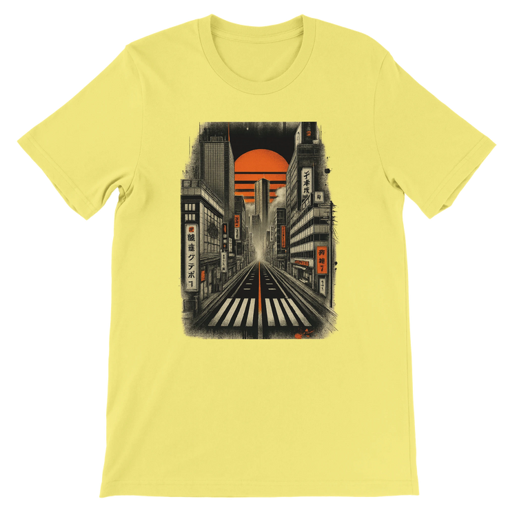 Yellow Tokyo Nights animated graphic tee with bold neon Tokyo skyline artwork stylish unisex cotton shirt high quality DTG printed Japanese streetwear fashion statement ideal for travel lovers anime culture and city nightscape enthusiasts