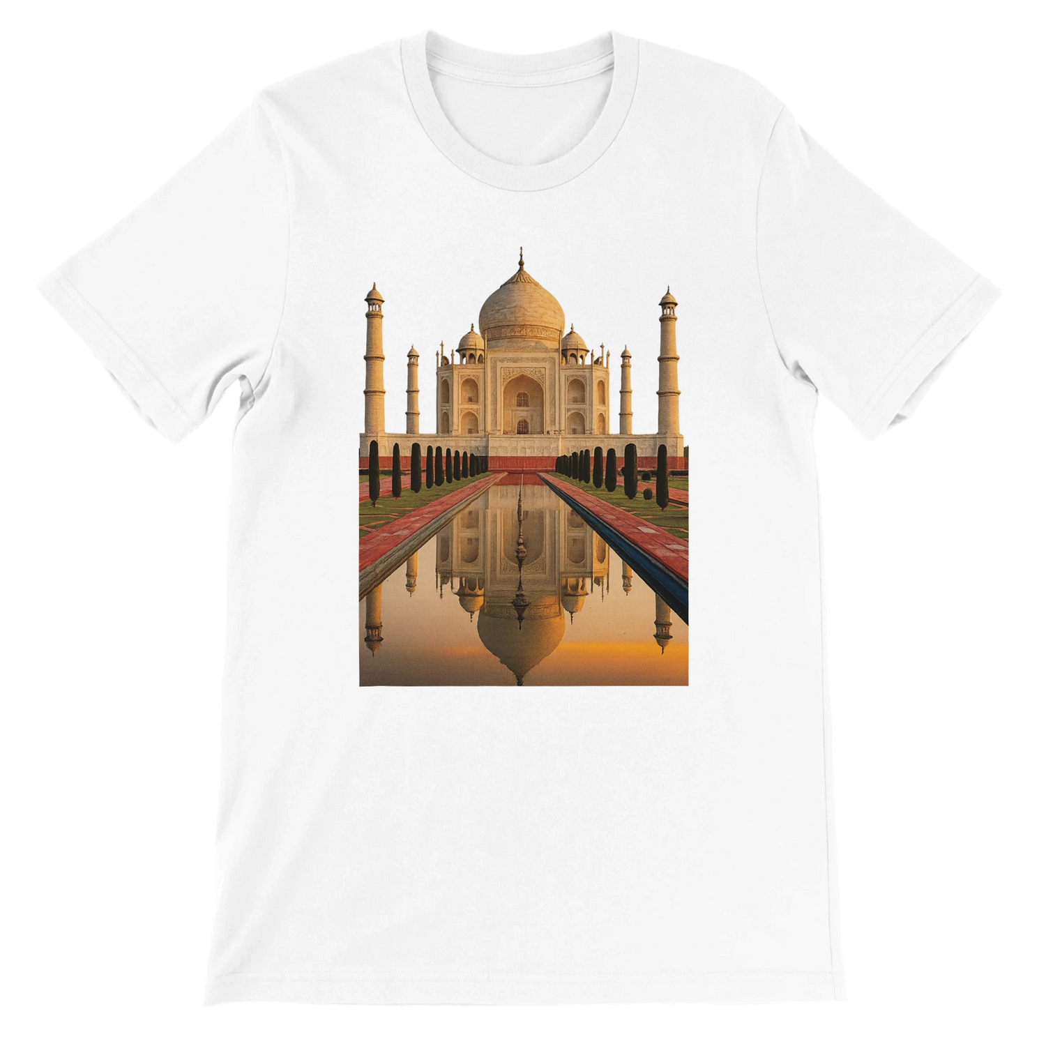 White unisex t-shirt featuring animated Taj Mahal artwork in vibrant color print. Soft cotton fabric perfect for DTG printing. Ideal for travel lovers, cultural streetwear fans, and global landmark fashion. Breathable and eco-friendly everyday tee with side-seamed fit.