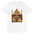 White unisex t-shirt featuring animated Taj Mahal artwork in vibrant color print. Soft cotton fabric perfect for DTG printing. Ideal for travel lovers, cultural streetwear fans, and global landmark fashion. Breathable and eco-friendly everyday tee with side-seamed fit.