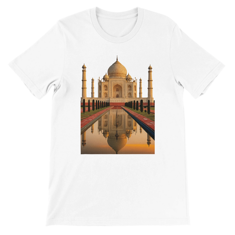 White unisex t-shirt featuring animated Taj Mahal artwork in vibrant color print. Soft cotton fabric perfect for DTG printing. Ideal for travel lovers, cultural streetwear fans, and global landmark fashion. Breathable and eco-friendly everyday tee with side-seamed fit.