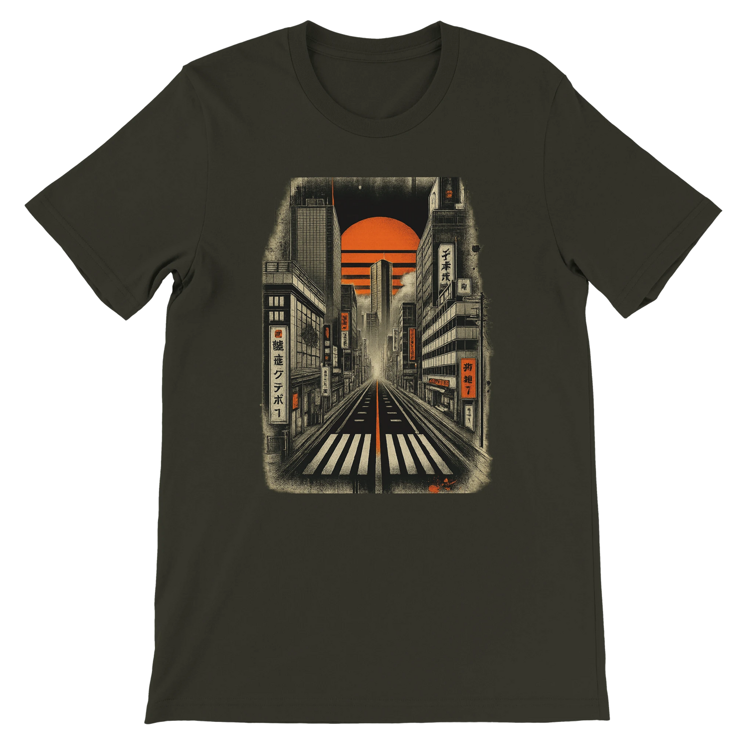 Dark Olive Tokyo Nights animated t shirt with colorful neon skyline print inspired by Japanese fashion unisex breathable cotton eco friendly apparel ideal for anime lovers travelers and modern Tokyo streetwear collections