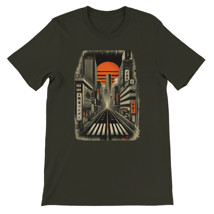 Dark Olive Tokyo Nights animated t shirt with colorful neon skyline print inspired by Japanese fashion unisex breathable cotton eco friendly apparel ideal for anime lovers travelers and modern Tokyo streetwear collections
