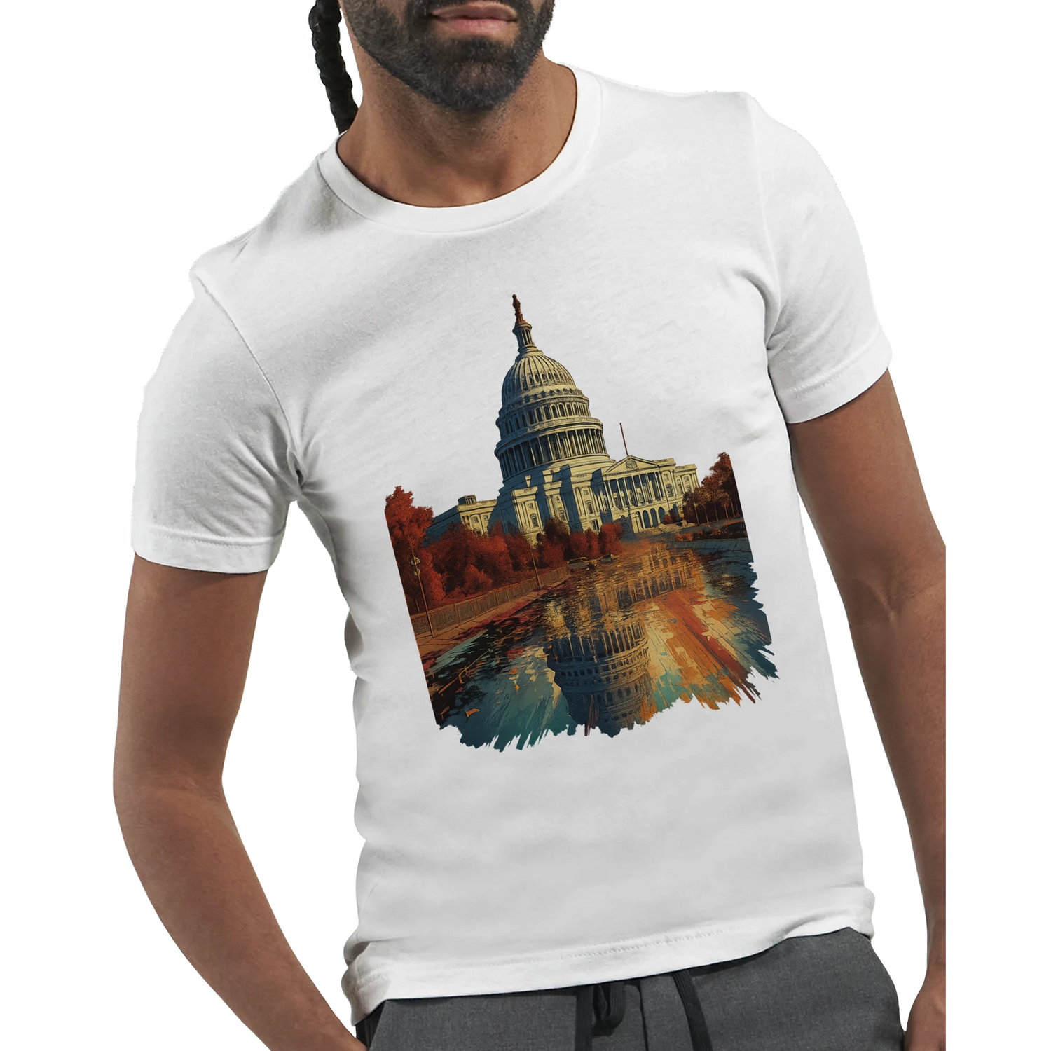 Washington DC White House t-shirt with animated print for urban fashion lovers. Lightweight cotton tee with modern artwork merging American history and streetwear style.