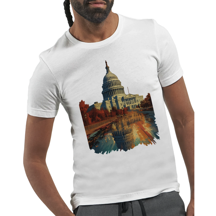 Washington DC White House t-shirt with animated print for urban fashion lovers. Lightweight cotton tee with modern artwork merging American history and streetwear style.