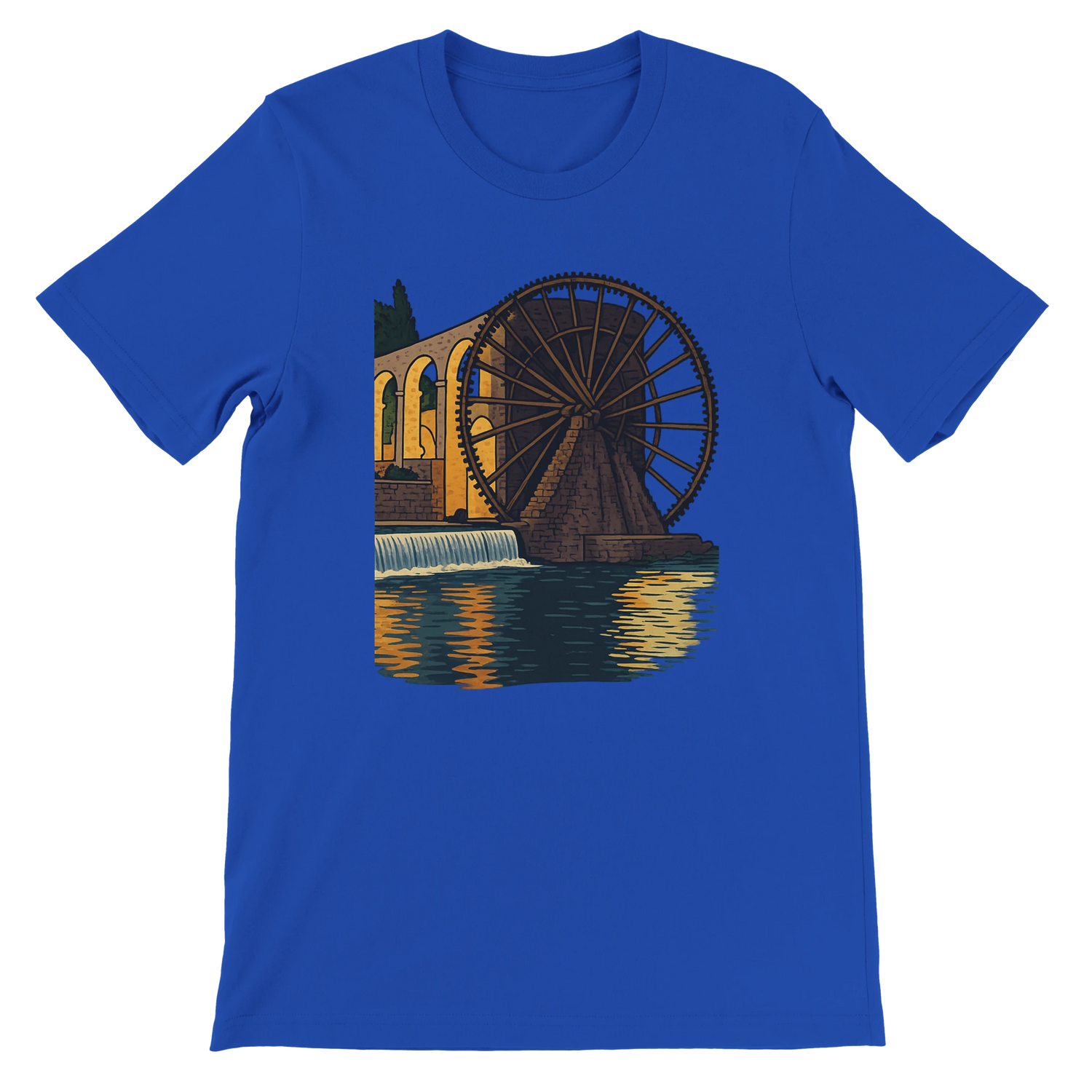 True royal blue t-shirt with artistic animated print of the Hama WaterWheels from Syria. Made from premium Airlume cotton with a tailored unisex fit. Great for travel lovers, city landmark collectors, and creative street-style outfits.