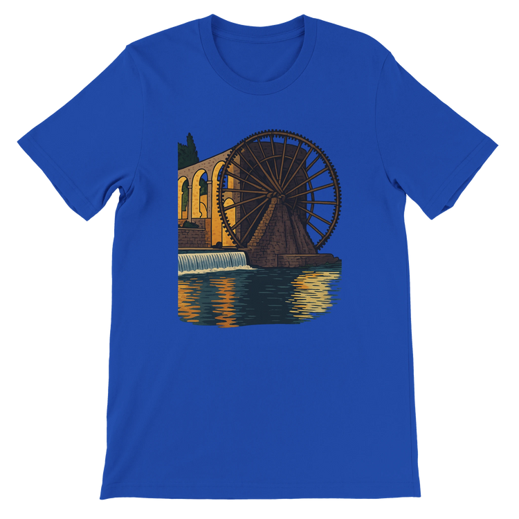 True royal blue t-shirt with artistic animated print of the Hama WaterWheels from Syria. Made from premium Airlume cotton with a tailored unisex fit. Great for travel lovers, city landmark collectors, and creative street-style outfits.
