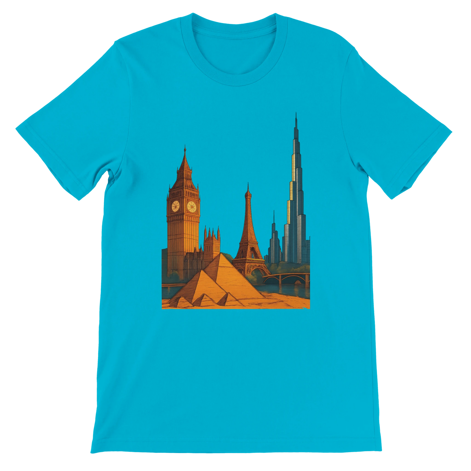 Turquoise City Landmarks Animated T Shirt with bright animated artwork of world renowned landmarks and cityscapes. Comfortable and durable cotton travel themed shirt for urban explorers architecture admirers and fans of global culture streetwear.