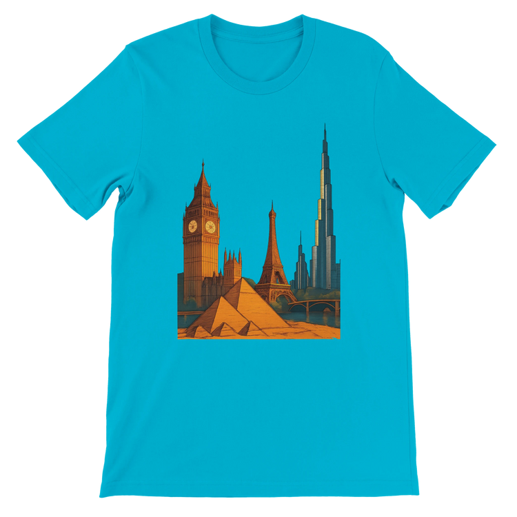Turquoise City Landmarks Animated T Shirt with bright animated artwork of world renowned landmarks and cityscapes. Comfortable and durable cotton travel themed shirt for urban explorers architecture admirers and fans of global culture streetwear.
