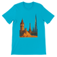 Turquoise City Landmarks Animated T Shirt with bright animated artwork of world renowned landmarks and cityscapes. Comfortable and durable cotton travel themed shirt for urban explorers architecture admirers and fans of global culture streetwear.