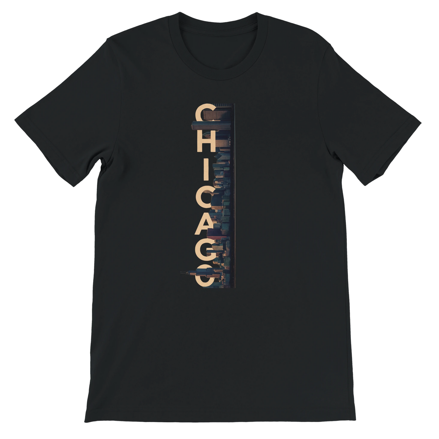 Black Chicago City Graphic T Shirt featuring animated skyline design stylish unisex streetwear tee for Chicago culture lovers travelers and urban fashion fans