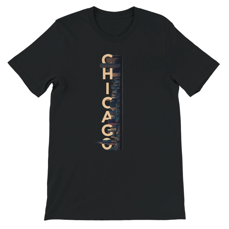Black Chicago City Graphic T Shirt featuring animated skyline design stylish unisex streetwear tee for Chicago culture lovers travelers and urban fashion fans