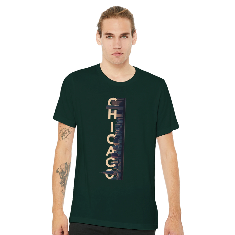 Chicago cultural fashion t shirt featuring vibrant animated skyline premium casual wear for city pride lovers and modern lifestyle streetwear collections