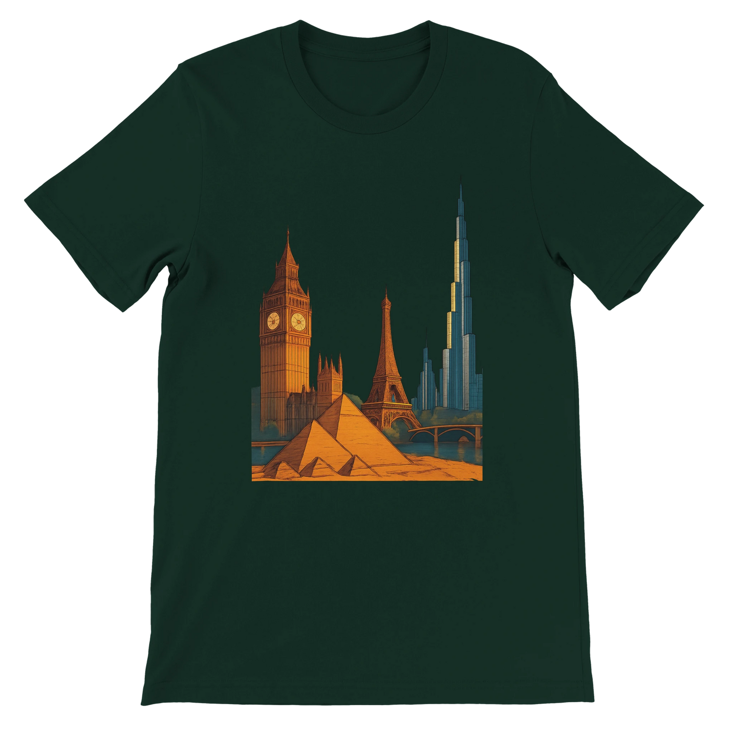 Forest City Landmarks Animated T Shirt featuring unique animated designs of iconic global monuments printed in vivid detail. Travel themed graphic shirt made from soft sustainable cotton perfect for streetwear lovers architecture admirers and print on demand fashion collections.