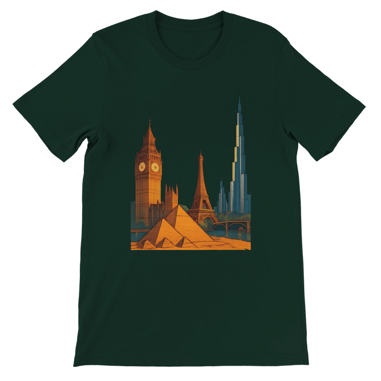 Forest City Landmarks Animated T Shirt featuring unique animated designs of iconic global monuments printed in vivid detail. Travel themed graphic shirt made from soft sustainable cotton perfect for streetwear lovers architecture admirers and print on demand fashion collections.
