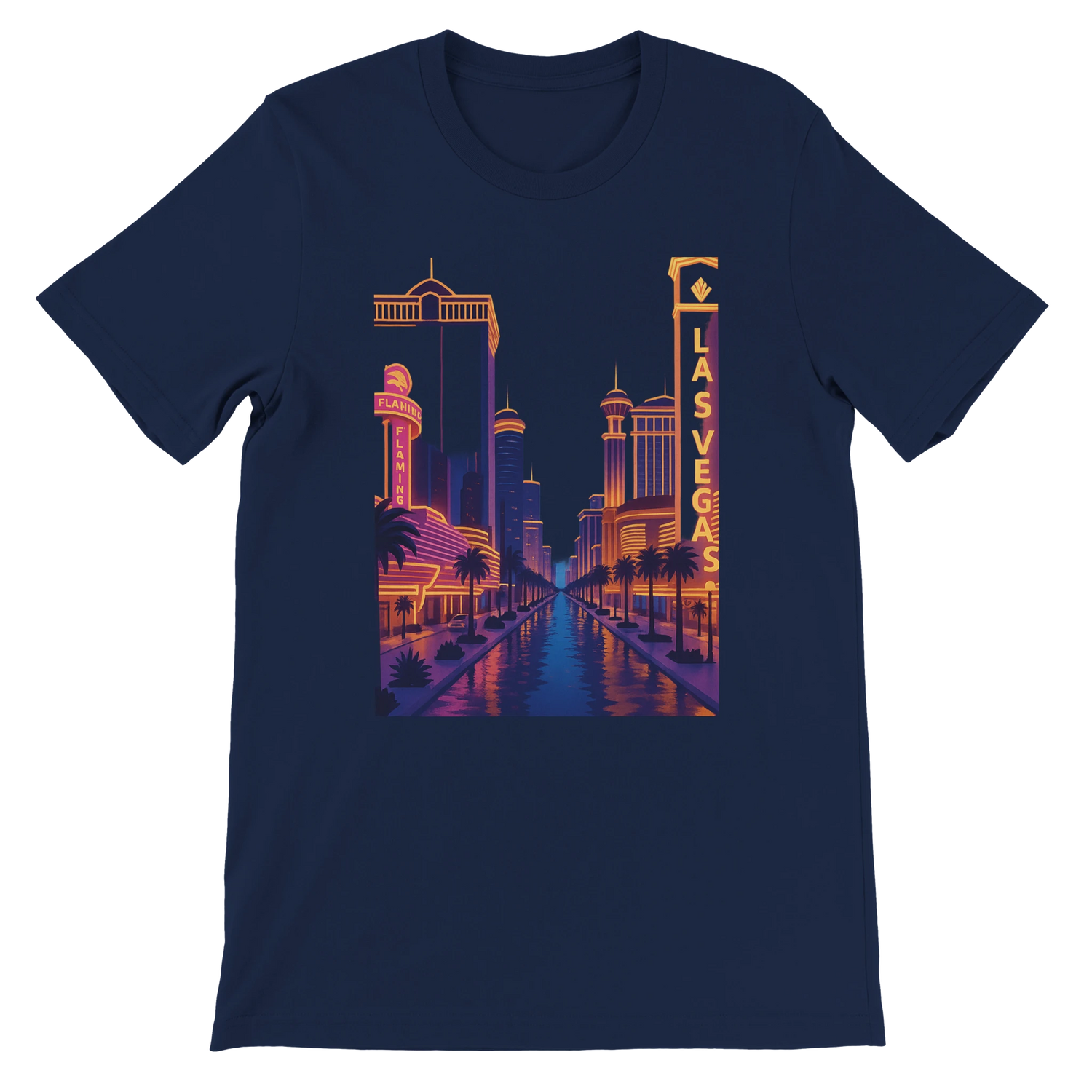 Navy Las Vegas City Animated Style t-shirt with animated colorful skyline design of Las Vegas. Comfortable cotton unisex tee for travelers street fashion lovers and city culture fans.