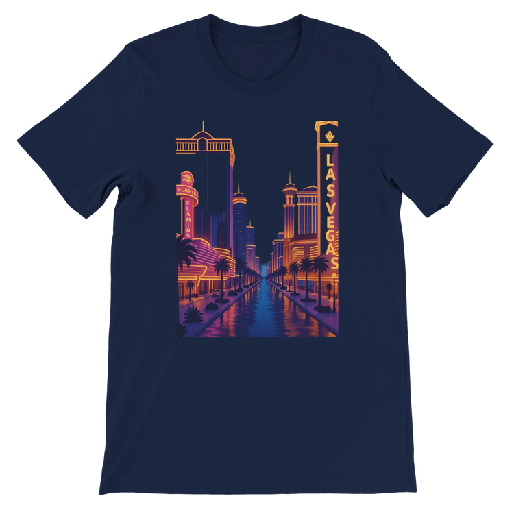 Navy Las Vegas City Animated Style t-shirt with animated colorful skyline design of Las Vegas. Comfortable cotton unisex tee for travelers street fashion lovers and city culture fans.