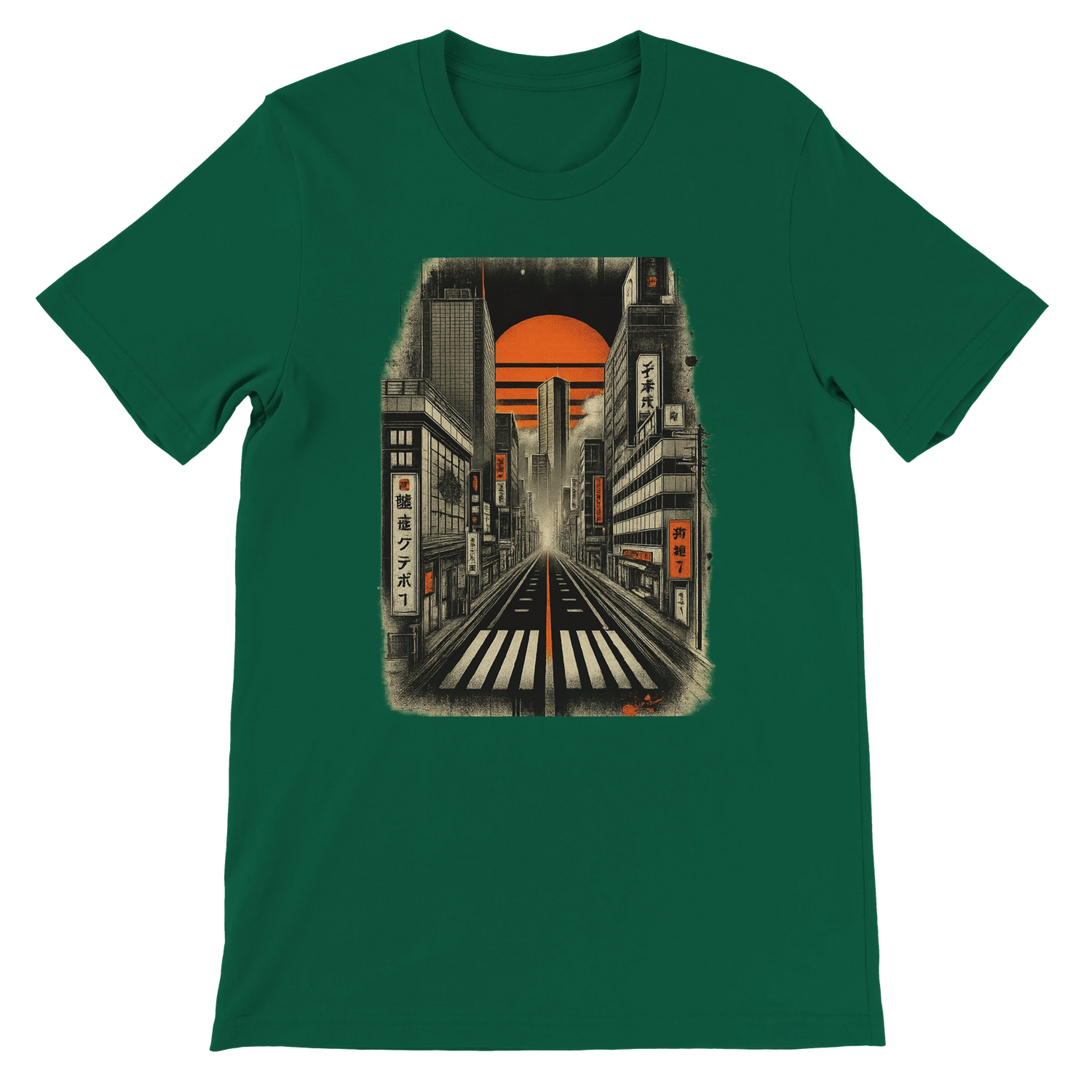 Evergreen Tokyo Nights animated t shirt featuring colorful Japanese neon skyline artwork stylish unisex premium cotton fabric eco friendly print on demand design perfect for travelers anime lovers and modern urban streetwear looks