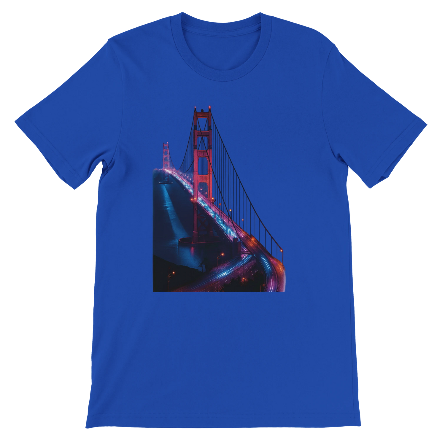 True royal blue Golden Gate Bridge animated art shirt with detailed landmark illustration for stylish travel inspired fashion. Comfortable cotton tee perfect for casual wear urban street style and print on demand collections.