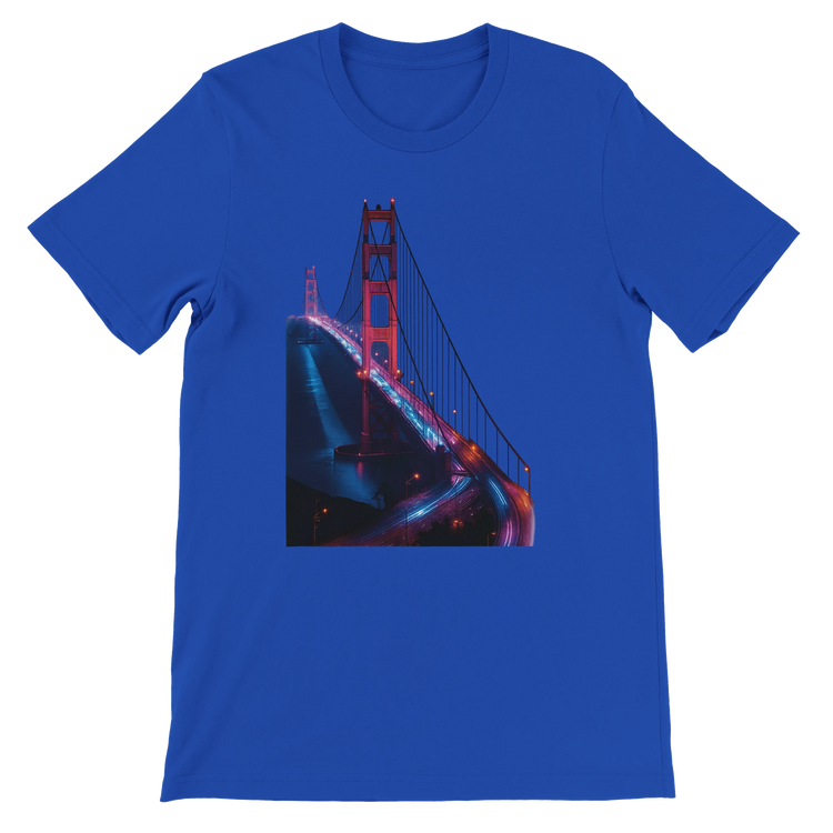 True royal blue Golden Gate Bridge animated art shirt with detailed landmark illustration for stylish travel inspired fashion. Comfortable cotton tee perfect for casual wear urban street style and print on demand collections.