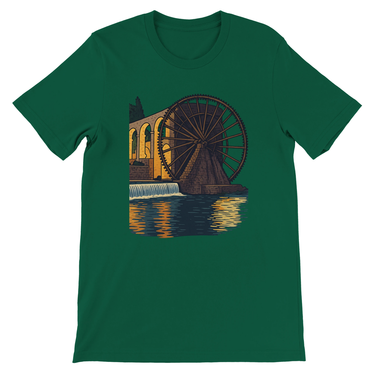 Evergreen green t-shirt with bold animated Hama WaterWheels of Syria design. Soft and breathable cotton fabric with eco-friendly production. Ideal for cultural heritage lovers, global travelers, and casual everyday fashion.