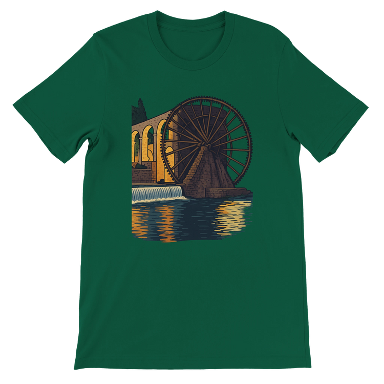 Evergreen green t-shirt with bold animated Hama WaterWheels of Syria design. Soft and breathable cotton fabric with eco-friendly production. Ideal for cultural heritage lovers, global travelers, and casual everyday fashion.
