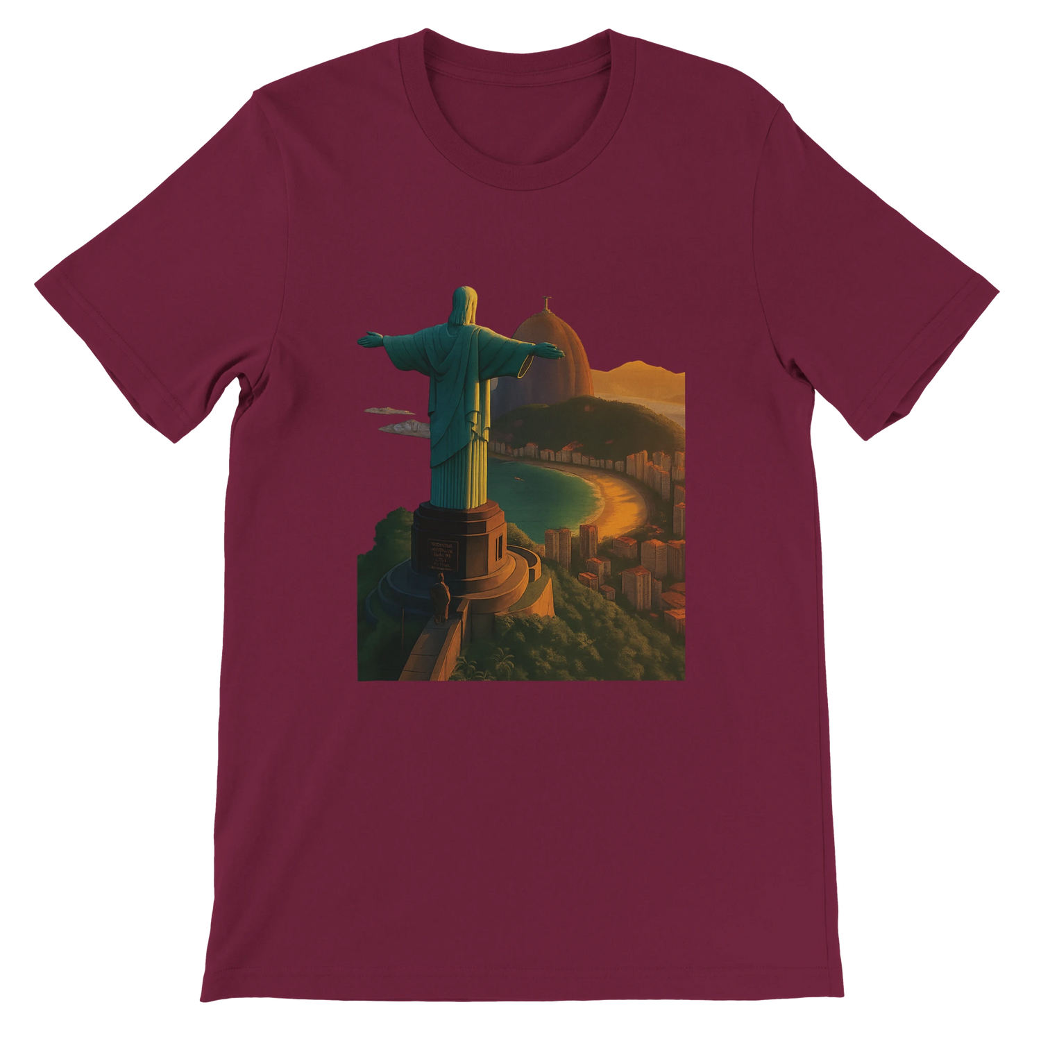 Maroon Christ the Redeemer graphic t-shirt featuring animated Rio de Janeiro Brazil travel art. Stylish unisex cotton tee perfect for modern streetwear travel style and city inspired outfits.