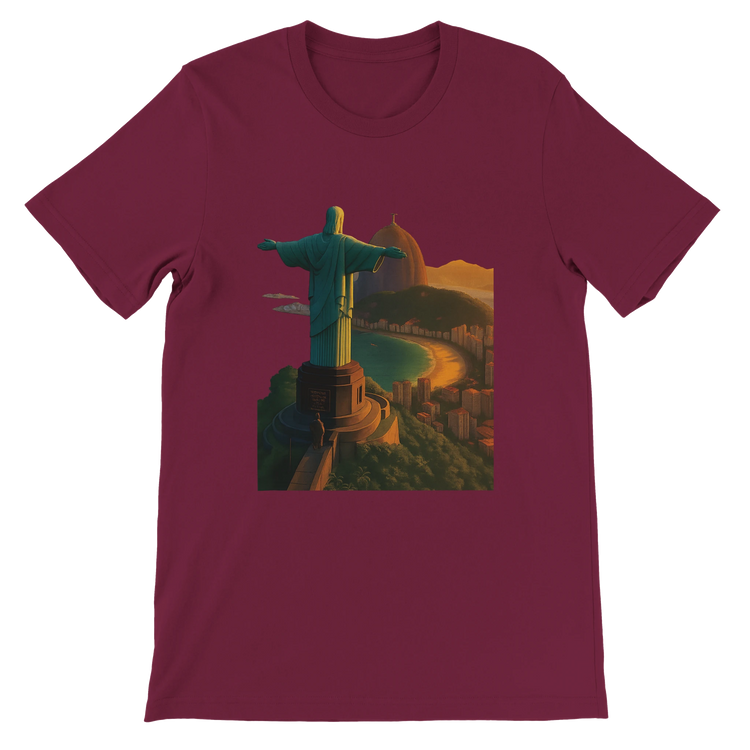 Maroon Christ the Redeemer graphic t-shirt featuring animated Rio de Janeiro Brazil travel art. Stylish unisex cotton tee perfect for modern streetwear travel style and city inspired outfits.