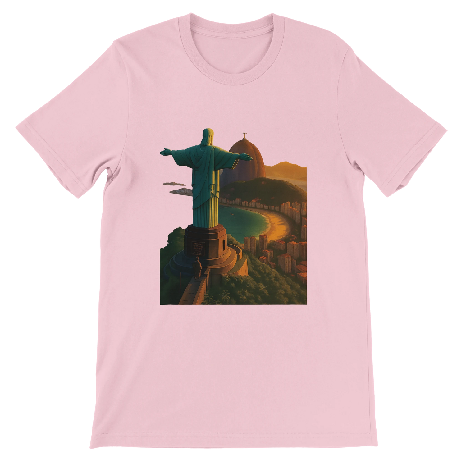 Pink animated landmark t-shirt with Christ the Redeemer Rio de Janeiro Brazil design. Unisex cotton streetwear tee with eco friendly DTG print perfect for travel lovers and stylish city wear.
