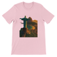 Pink animated landmark t-shirt with Christ the Redeemer Rio de Janeiro Brazil design. Unisex cotton streetwear tee with eco friendly DTG print perfect for travel lovers and stylish city wear.