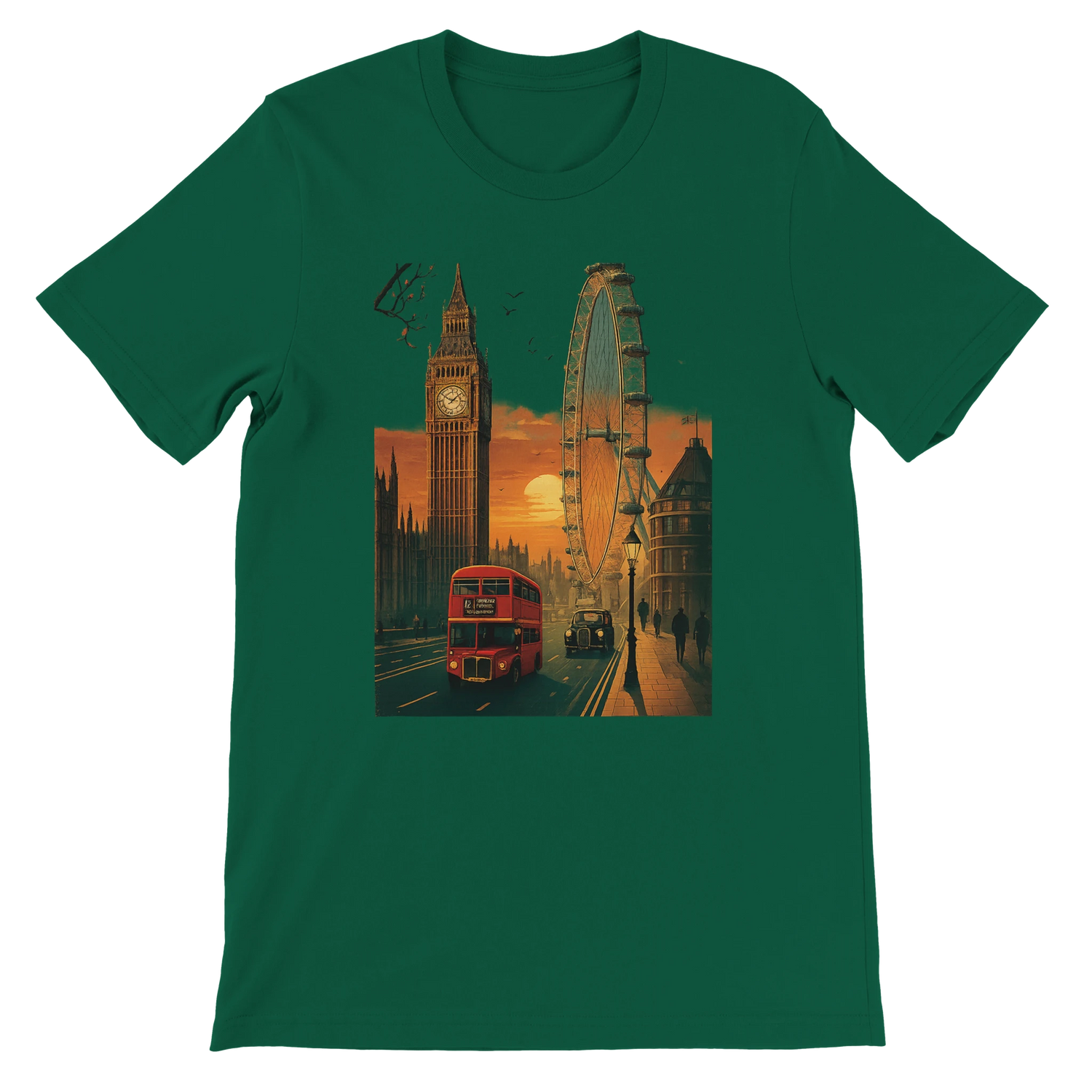 Evergreen London City Animated Style unisex T-shirt with colorful cityscape illustration premium soft cotton DTG print streetwear shirt for urban culture fans and travel enthusiasts