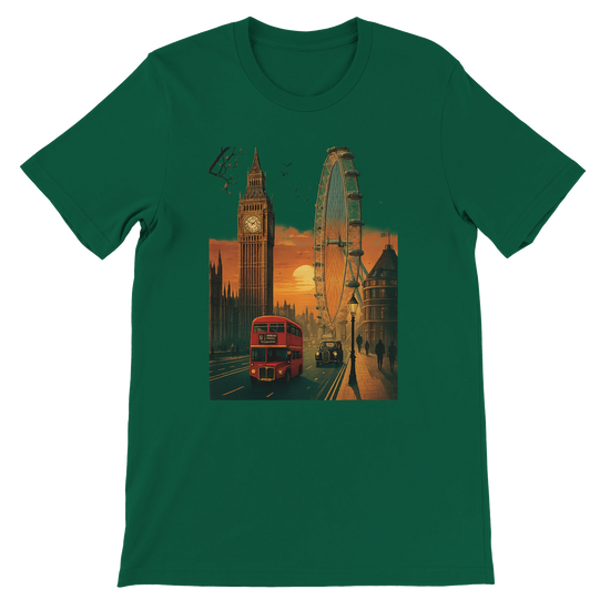 Evergreen London City Animated Style unisex T-shirt with colorful cityscape illustration premium soft cotton DTG print streetwear shirt for urban culture fans and travel enthusiasts