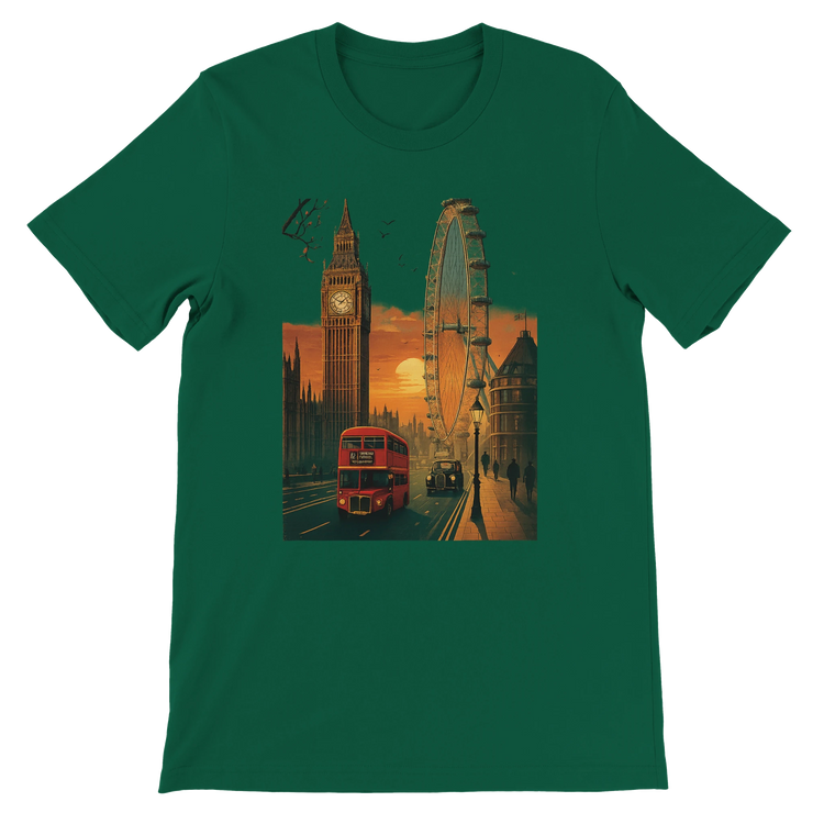 Evergreen London City Animated Style unisex T-shirt with colorful cityscape illustration premium soft cotton DTG print streetwear shirt for urban culture fans and travel enthusiasts