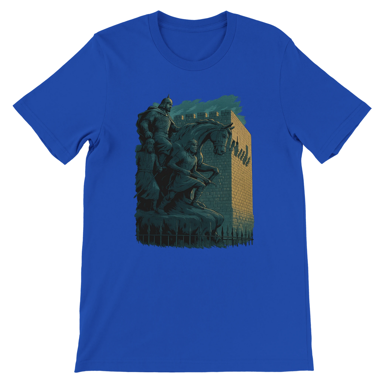 True royal blue t-shirt featuring vibrant animated artwork of Salah Al Din statue in Damascus. Bold graphic tee for fans of Middle Eastern landmarks, cultural storytelling, and modern streetwear. High quality cotton fabric suitable for DTG printing.