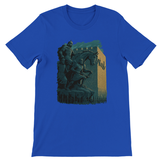 True royal blue t-shirt featuring vibrant animated artwork of Salah Al Din statue in Damascus. Bold graphic tee for fans of Middle Eastern landmarks, cultural storytelling, and modern streetwear. High quality cotton fabric suitable for DTG printing.