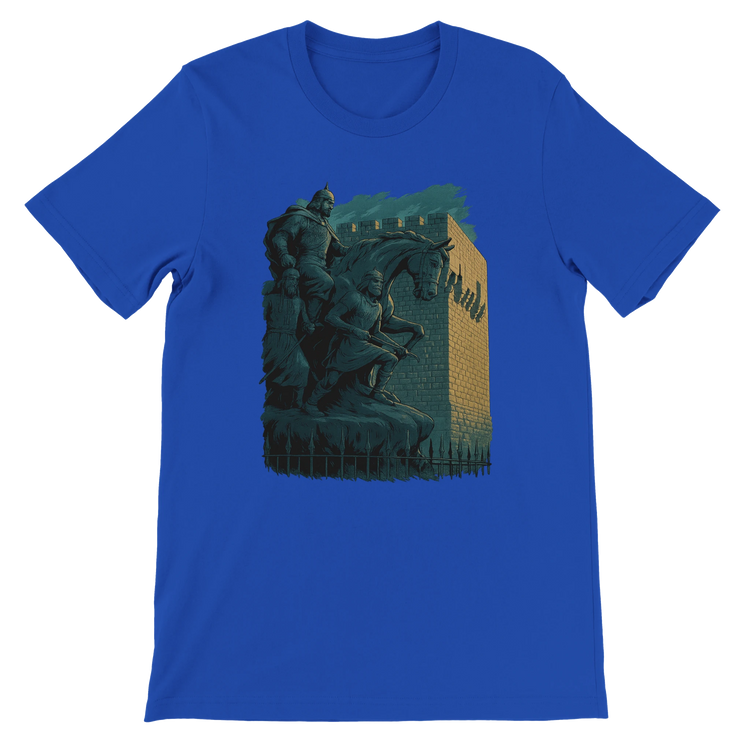 True royal blue t-shirt featuring vibrant animated artwork of Salah Al Din statue in Damascus. Bold graphic tee for fans of Middle Eastern landmarks, cultural storytelling, and modern streetwear. High quality cotton fabric suitable for DTG printing.