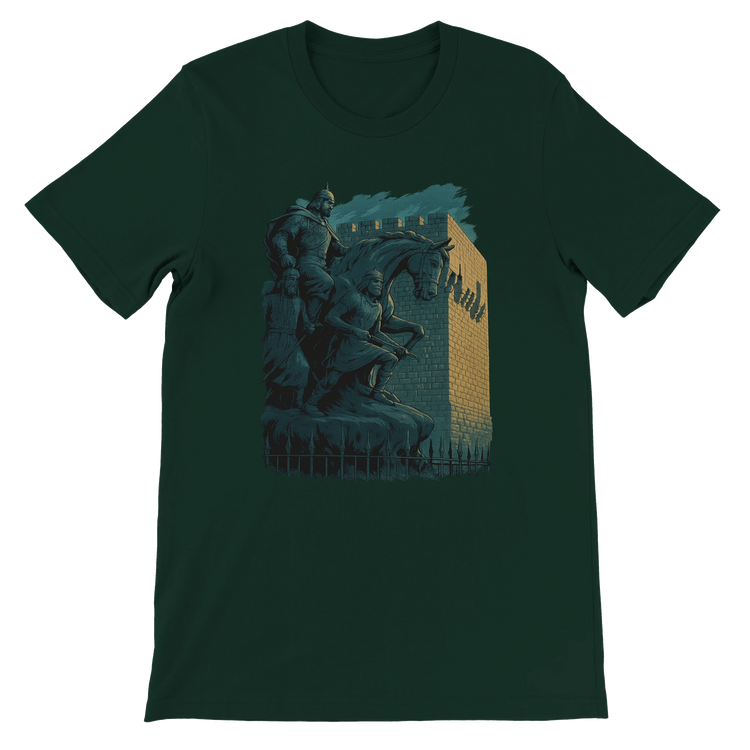 Forest green graphic t-shirt highlighting animated Middle Eastern landmark art of Salah Al Din in Syria. Perfect for world culture lovers, travelers, and fashion-forward thinkers. 100 percent cotton DTG ready unisex streetwear shirt.