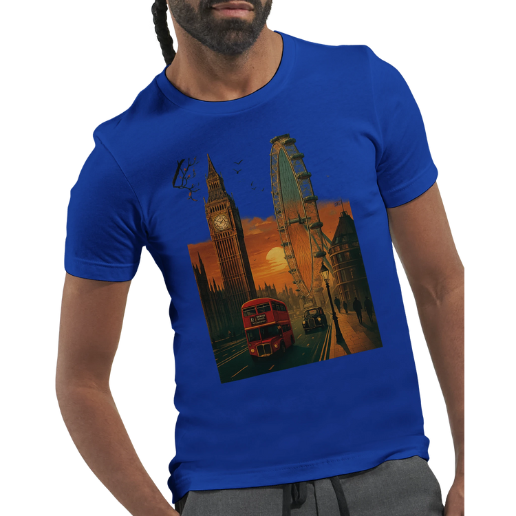Stylish London travel shirt with animated city skyline design made for DTG printing soft breathable cotton tee for global culture lovers and streetwear fashion fans
