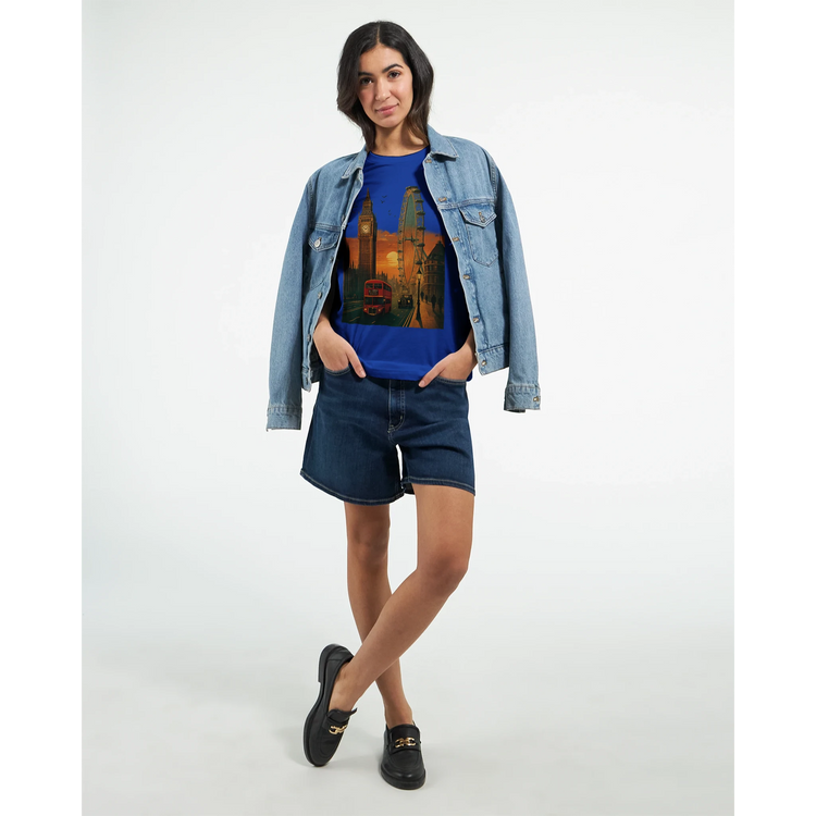 Vibrant London landmark T-shirt with colorful city skyline illustration printed on eco friendly cotton unisex tee perfect for city lovers street fashion and travel inspired outfits