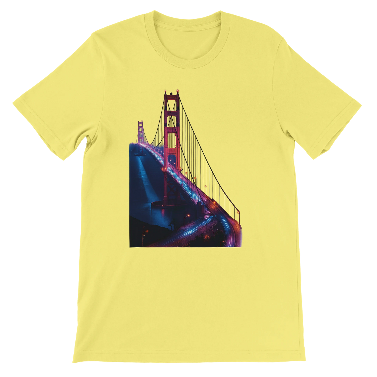 Yellow Golden Gate Bridge animated style cotton t shirt with bold travel inspired art for stylish streetwear and vacation outfits. Premium unisex tee for travelers and fashion enthusiasts who love iconic landmarks and comfortable everyday wear.