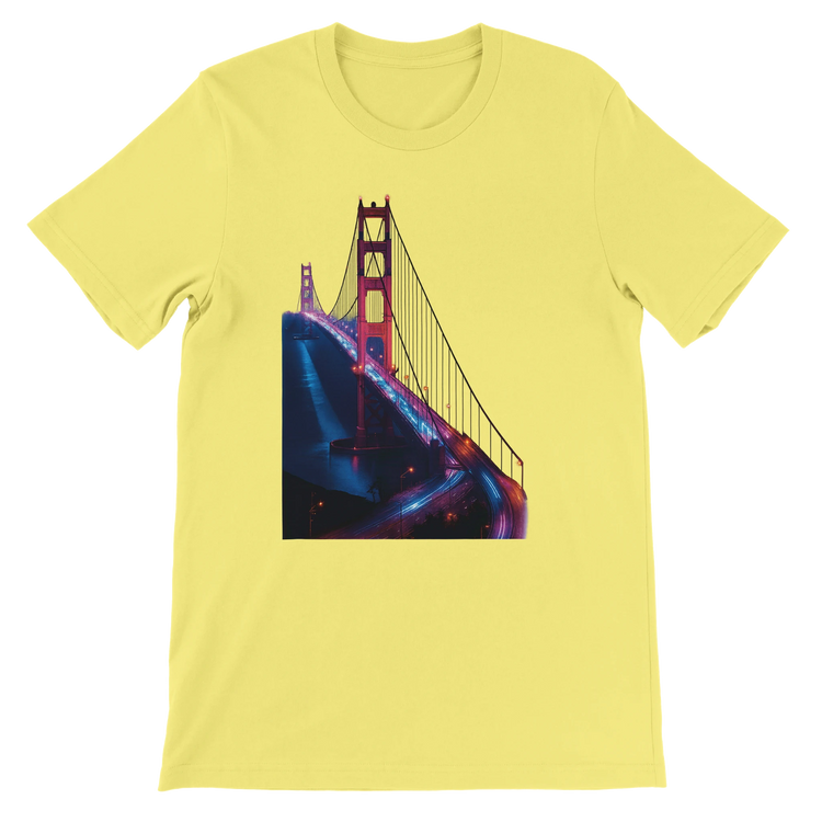 Yellow Golden Gate Bridge animated style cotton t shirt with bold travel inspired art for stylish streetwear and vacation outfits. Premium unisex tee for travelers and fashion enthusiasts who love iconic landmarks and comfortable everyday wear.