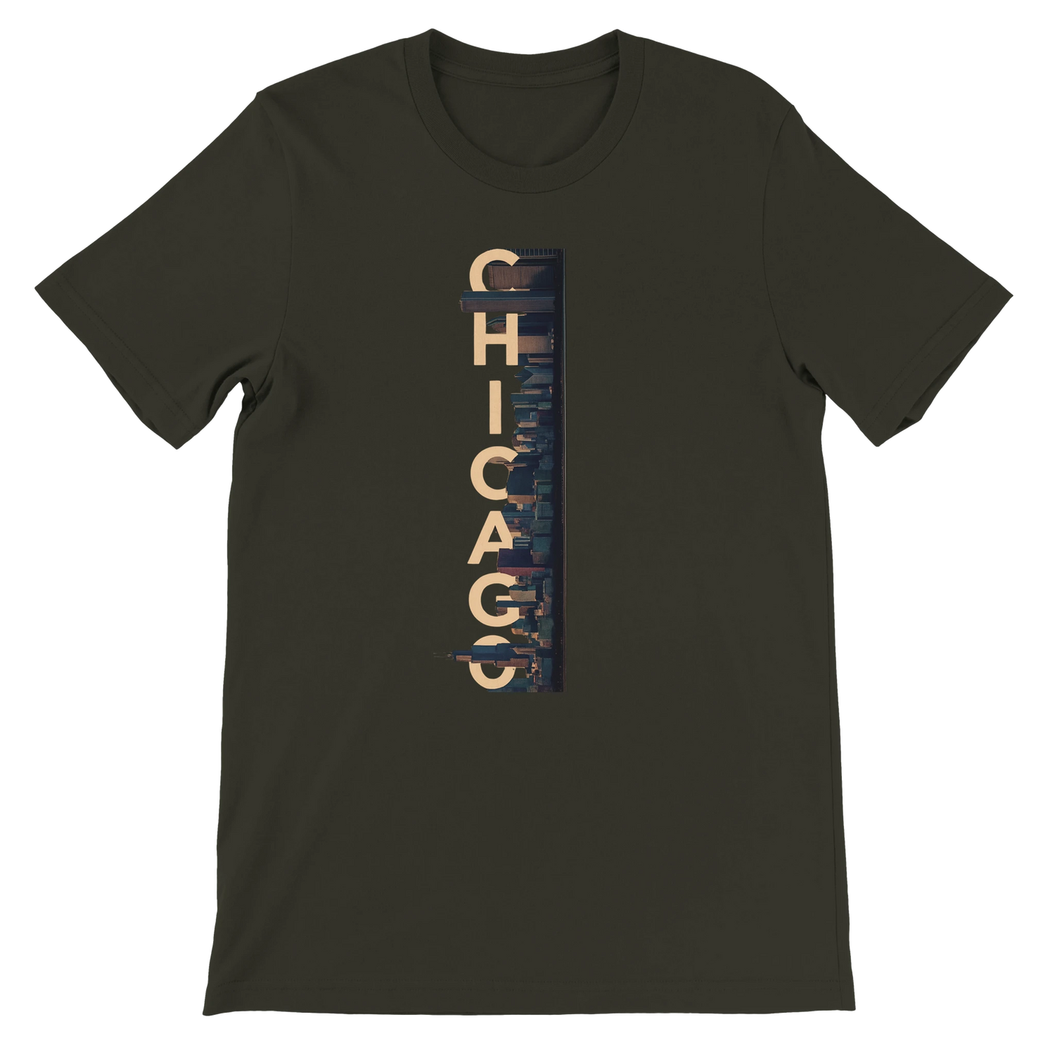 Dark Olive Chicago City Graphic T Shirt featuring unique animated skyline design modern cotton streetwear tee for travelers city culture fans and Chicago landmark lovers