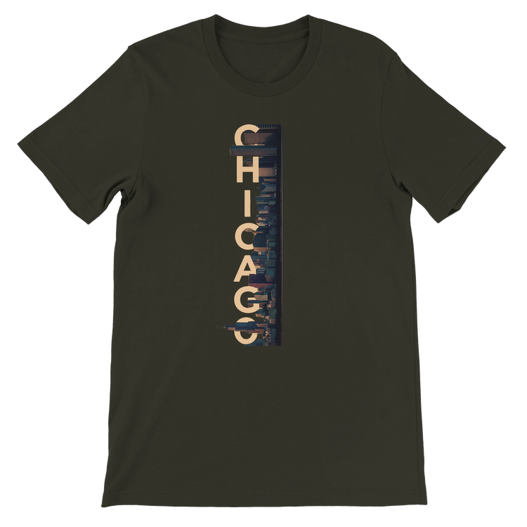 Dark Olive Chicago City Graphic T Shirt featuring unique animated skyline design modern cotton streetwear tee for travelers city culture fans and Chicago landmark lovers