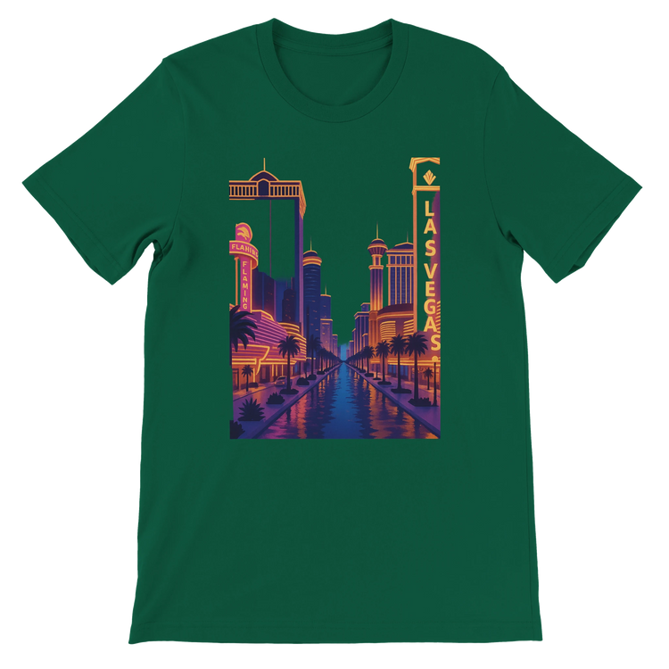 Evergreen Las Vegas City Animated Style t-shirt with a unique animated illustration of Las Vegas cityscape. Soft breathable cotton unisex tee for global travelers streetwear fans and urban-inspired fashion.
