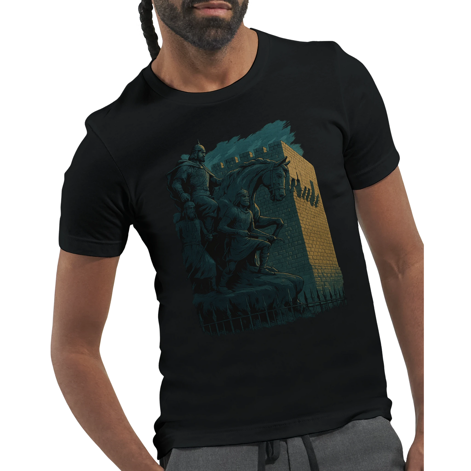 Arab heritage inspired t-shirt with vibrant animated Salah Al Din statue print representing Syrian pride. Eco-friendly cotton shirt for expressing global identity and cultural roots through fashion.